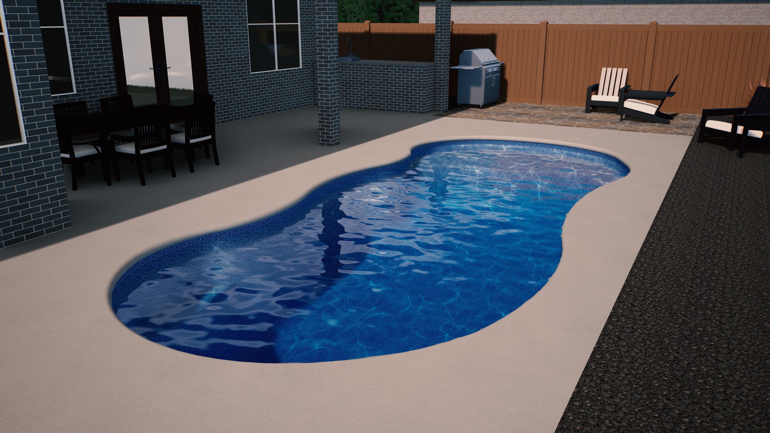 Custom-designed fiberglass pool by POOL-ology, enhancing a beautiful Lakeway, TX backyard