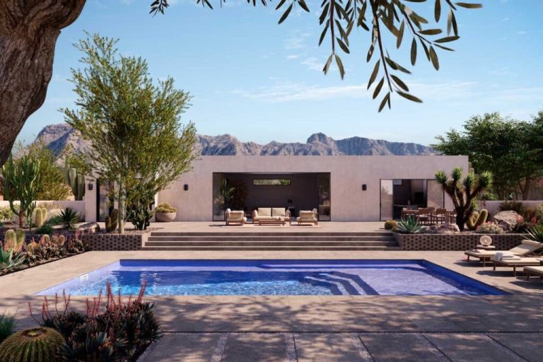 Apollo 14 fiberglass pool, rectangular design with tanning ledge and desert landscaping