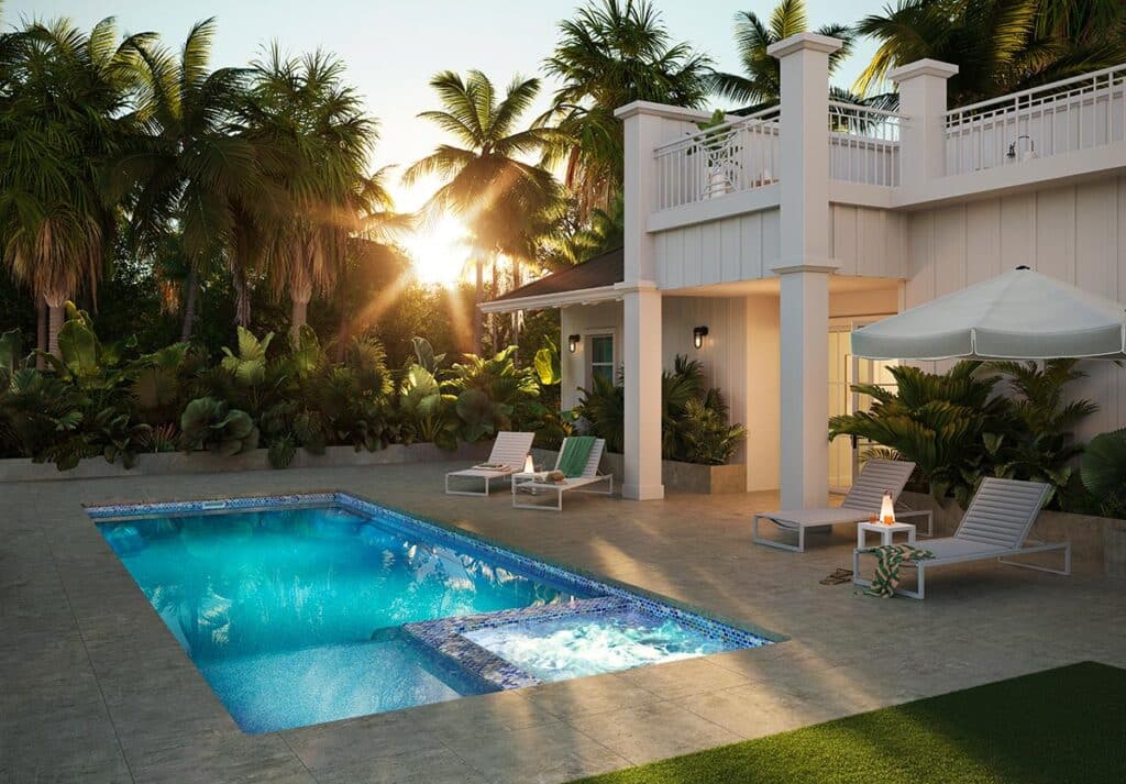 Astoria 12 fiberglass pool, compact rectangular pool with tiled spa and waterfall spillover